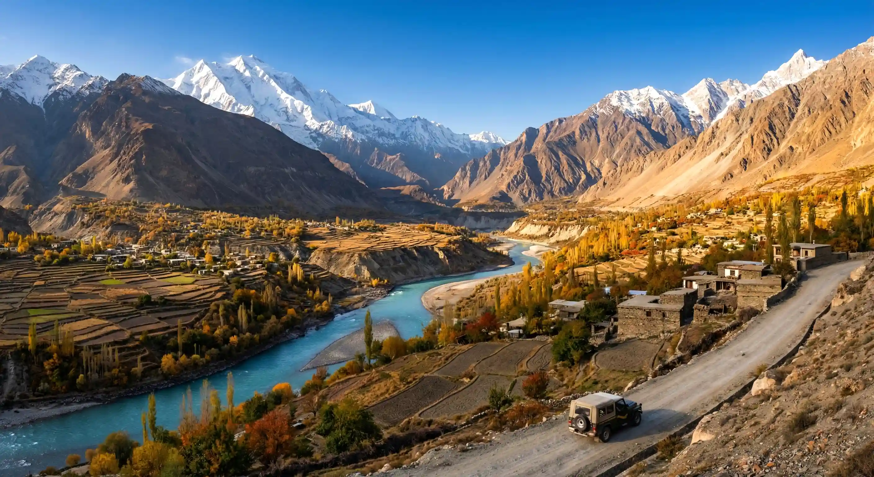 Stunning aerial view of the Karakoram mountains and a river valley in Gilgit-Baltistan